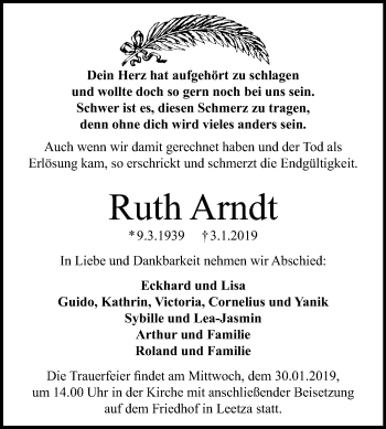 Traueranzeige von Ruth Arndt von Mitteldeutsche Zeitung