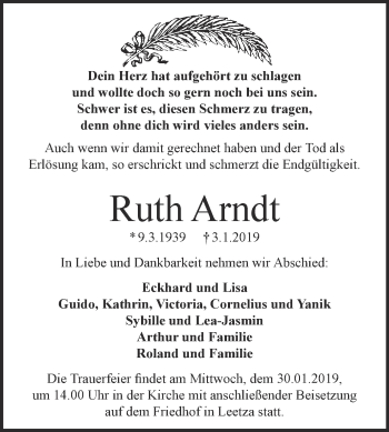 Traueranzeige von Ruth Arndt von Super Sonntag Wittenberg