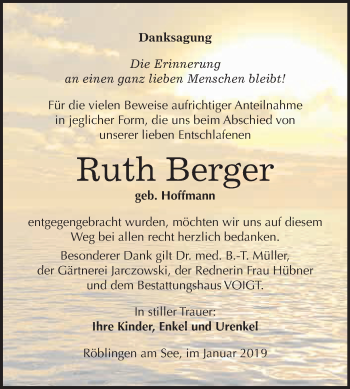 Traueranzeige von Ruth Berger von Wochenspiegel Mansfelder Land