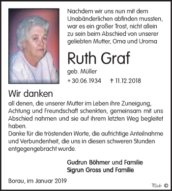 Traueranzeige von Ruth Graf von WVG - Wochenspiegel NMB / WSF / ZTZ