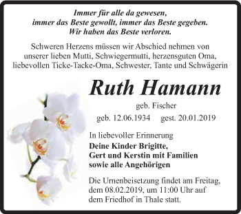 Traueranzeige von Ruth Hamann von Super Sonntag Quedlinburg