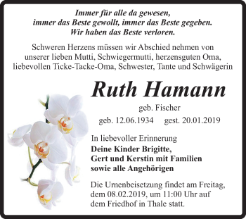 Traueranzeige von Ruth Hamann von Mitteldeutsche Zeitung Quedlinburg