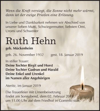 Traueranzeige von Ruth Hehn von Mitteldeutsche Zeitung