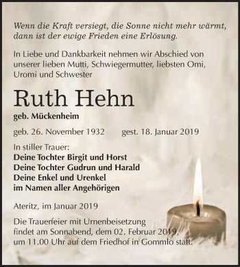 Traueranzeige von Ruth Hehn von WVG - Wochenspiegel Wittenberg