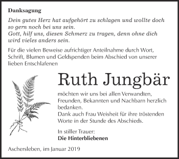 Traueranzeige von Ruth Jungbär von Super Sonntag Aschersleben