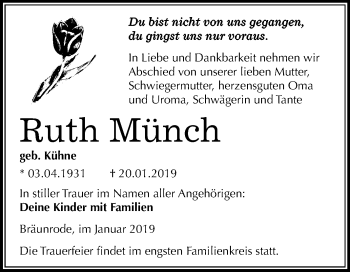 Traueranzeige von Ruth Münch von Mitteldeutsche Zeitung Mansfelder Land