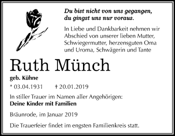 Traueranzeige von Ruth Münch von Wochenspiegel Mansfelder Land