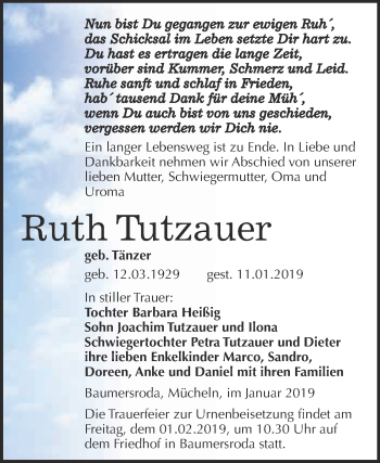 Traueranzeige von Ruth Tutzauer von WVG - Wochenspiegel NMB / WSF / ZTZ