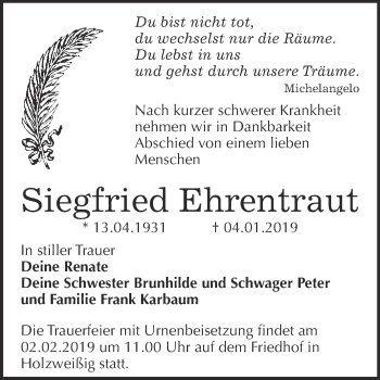 Traueranzeige von Siegfried Ehrentraut von WVG - Wochenspiegel Bitterfeld