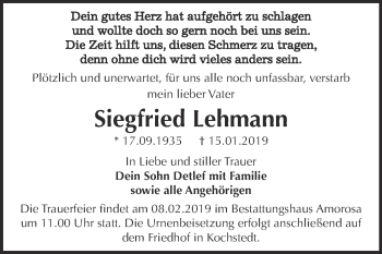 Traueranzeige von Siegfried Lehmann von WVG - Wochenspiegel Dessau / Köthen