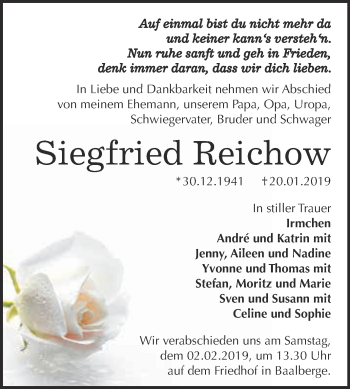 Traueranzeige von Siegfried Reichow von Super Sonntag Bernburg