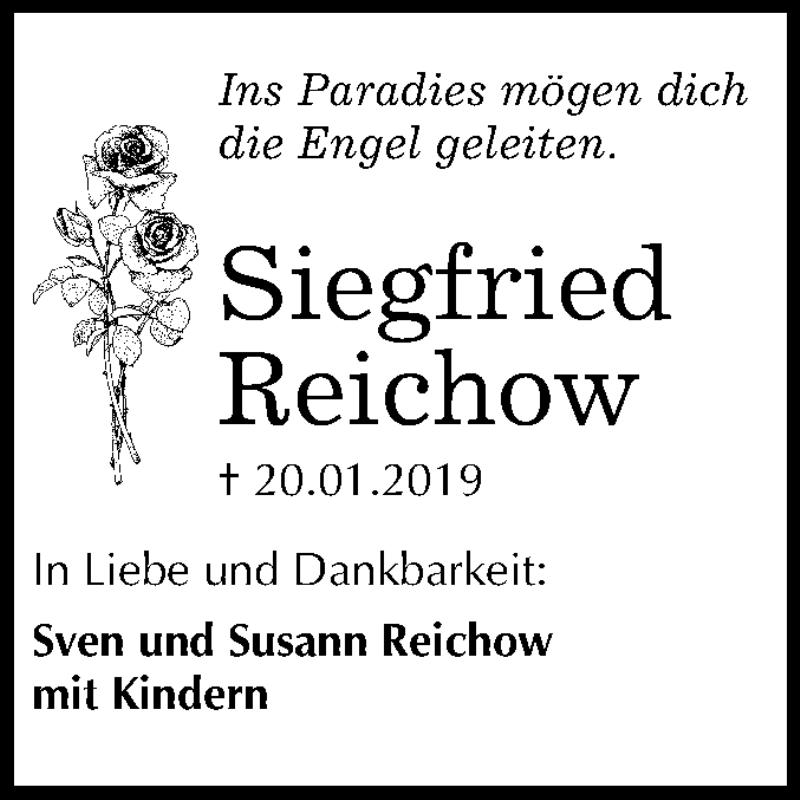  Traueranzeige für Siegfried Reichow vom 26.01.2019 aus Mitteldeutsche Zeitung Bernburg