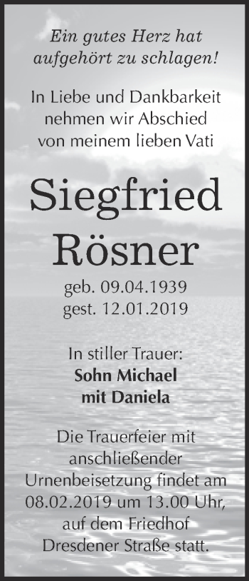 Traueranzeige von Siegfried Rösner von Super Sonntag Wittenberg