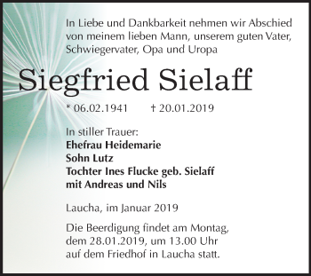 Traueranzeige von Siegfried Sielaff von Mitteldeutsche Zeitung