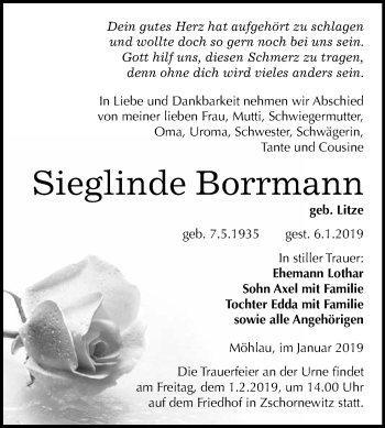 Traueranzeige von Sieglinde Borrmann von WVG - Wochenspiegel Wittenberg