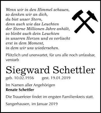 Traueranzeige von Siegward Schettler von Mitteldeutsche Zeitung