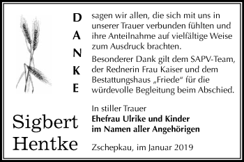 Traueranzeige von Sigbert Hentke von WVG - Wochenspiegel Bitterfeld