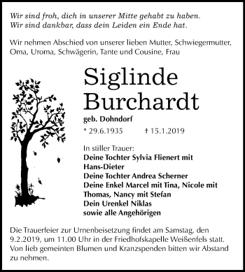 Traueranzeige von Siglinde Burchardt von Mitteldeutsche Zeitung Weißenfels