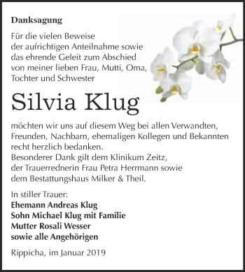 Traueranzeige von Silvia Klug von Super Sonntag Zeitz