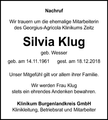 Traueranzeige von Silvia Klug von Mitteldeutsche Zeitung Zeitz