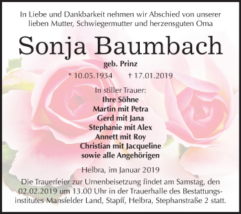 Traueranzeige von Sonja Baumbach von Mitteldeutsche Zeitung
