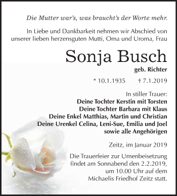 Traueranzeige von Sonja Busch von Super Sonntag Zeitz