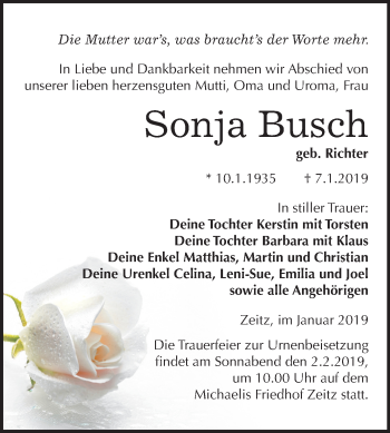 Traueranzeige von Sonja Busch von Mitteldeutsche Zeitung Zeitz