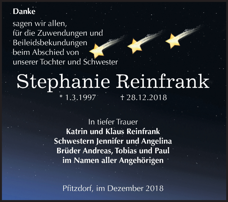  Traueranzeige für Stephanie Reinfrank vom 26.01.2019 aus Mitteldeutsche Zeitung Bernburg