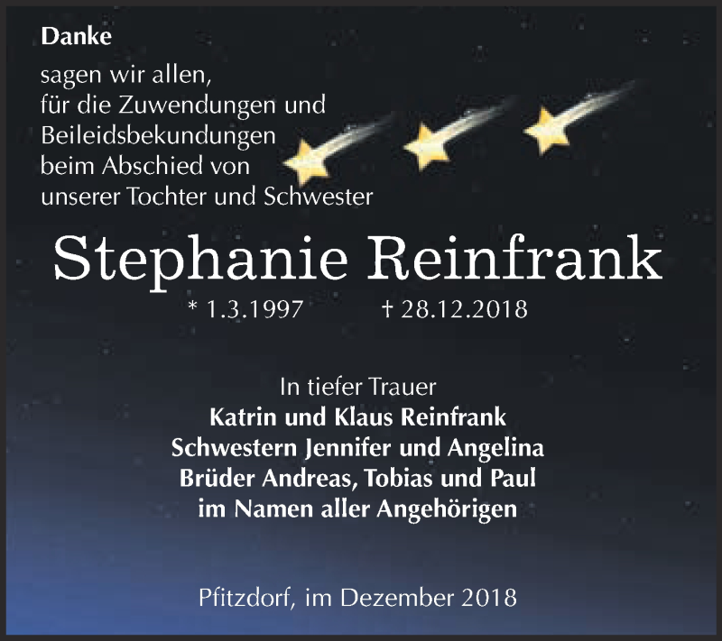  Traueranzeige für Stephanie Reinfrank vom 21.01.2019 aus Super Sonntag Bernburg