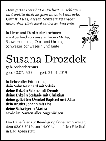 Traueranzeige von Susana Drozdek von Mitteldeutsche Zeitung