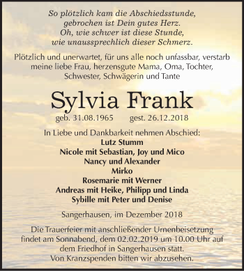 Traueranzeige von Sylvia Frank von Super Sonntag SGH Mansf. Land