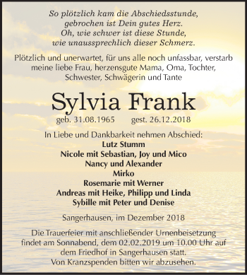 Traueranzeige von Sylvia Frank von Mitteldeutsche Zeitung