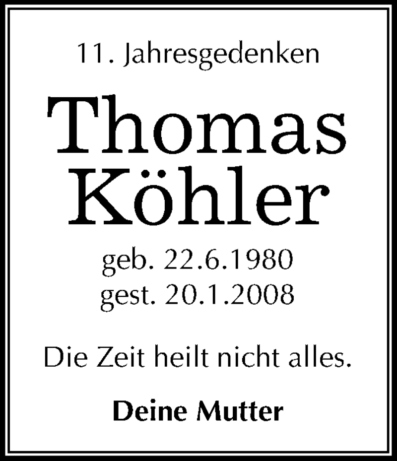  Traueranzeige für Thomas Köhler vom 19.01.2019 aus Mitteldeutsche Zeitung Halle/Saalkreis