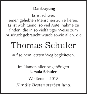 Traueranzeige von Thomas Schuler von WVG - Wochenspiegel NMB / WSF / ZTZ