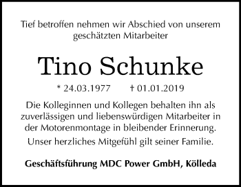 Traueranzeige von Tino Schunke von Mitteldeutsche Zeitung