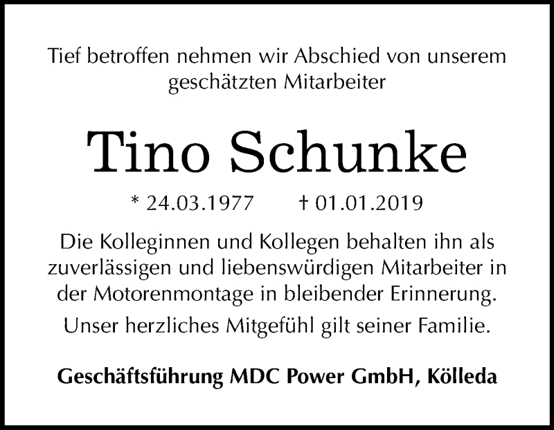  Traueranzeige für Tino Schunke vom 26.01.2019 aus Mitteldeutsche Zeitung