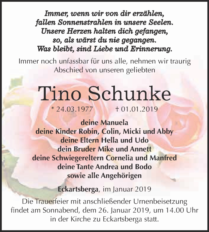  Traueranzeige für Tino Schunke vom 16.01.2019 aus WVG - Wochenspiegel NMB / WSF / ZTZ