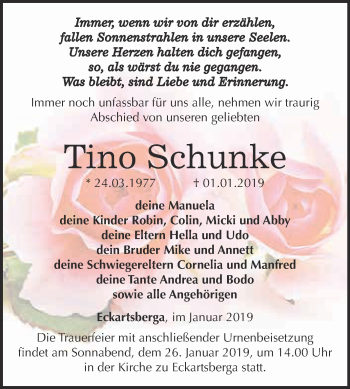 Traueranzeige von Tino Schunke von WVG - Wochenspiegel NMB / WSF / ZTZ