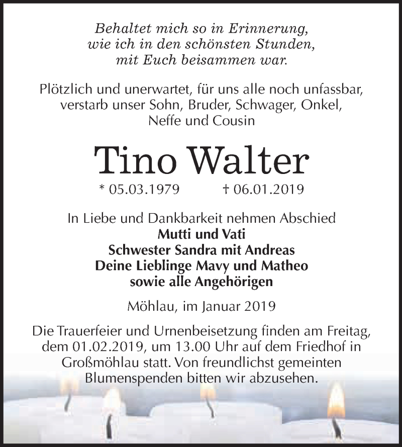  Traueranzeige für Tino Walter vom 19.01.2019 aus WVG - Wochenspiegel Wittenberg