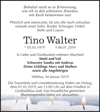 Traueranzeige von Tino Walter von WVG - Wochenspiegel Wittenberg