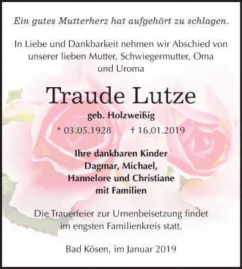 Traueranzeige von Traude Lutze von Mitteldeutsche Zeitung