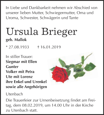 Traueranzeige von Ursula Brieger von WVG - Wochenspiegel NMB / WSF / ZTZ