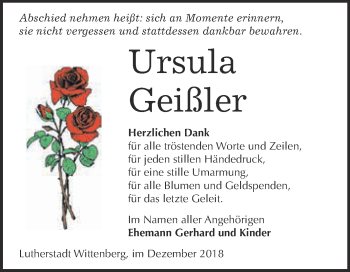 Traueranzeige von Ursula Geißler von Super Sonntag Wittenberg
