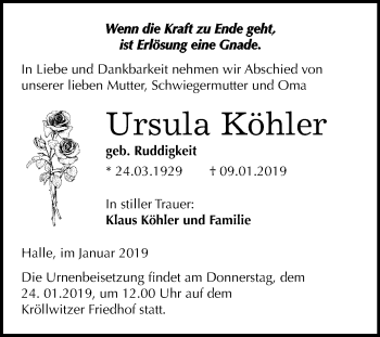 Traueranzeige von Ursula Köhler von Mitteldeutsche Zeitung Halle/Saalkreis