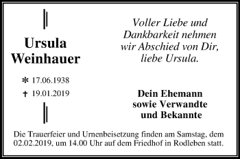 Traueranzeige von Ursula Weinhauer von Mitteldeutsche Zeitung Dessau-Roßlau