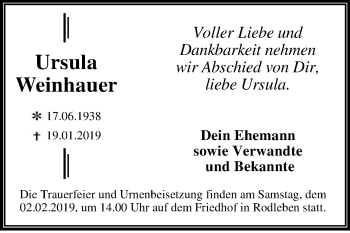 Traueranzeige von Ursula Weinhauer von WVG - Wochenspiegel Dessau / Köthen