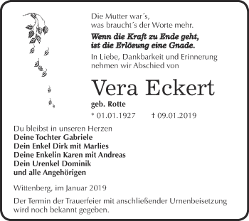 Traueranzeige von Vera Eckert von WVG - Wochenspiegel Wittenberg