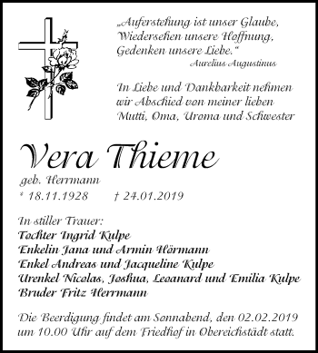 Traueranzeige von Vera Thieme von WVG - Wochenspiegel Merseburg