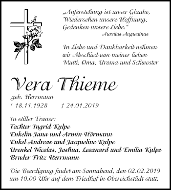 Traueranzeige von Vera Thieme von Mitteldeutsche Zeitung Merseburg/Querfurt