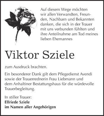 Traueranzeige von Viktor Sziele von WVG - Wochenspiegel Dessau / Köthen
